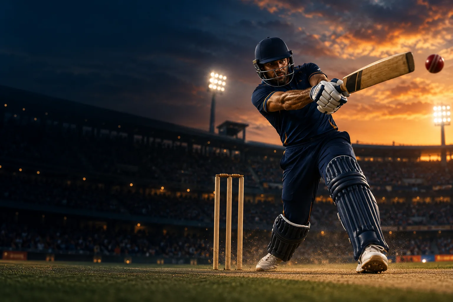 Cricket batter under stadium lights at dusk