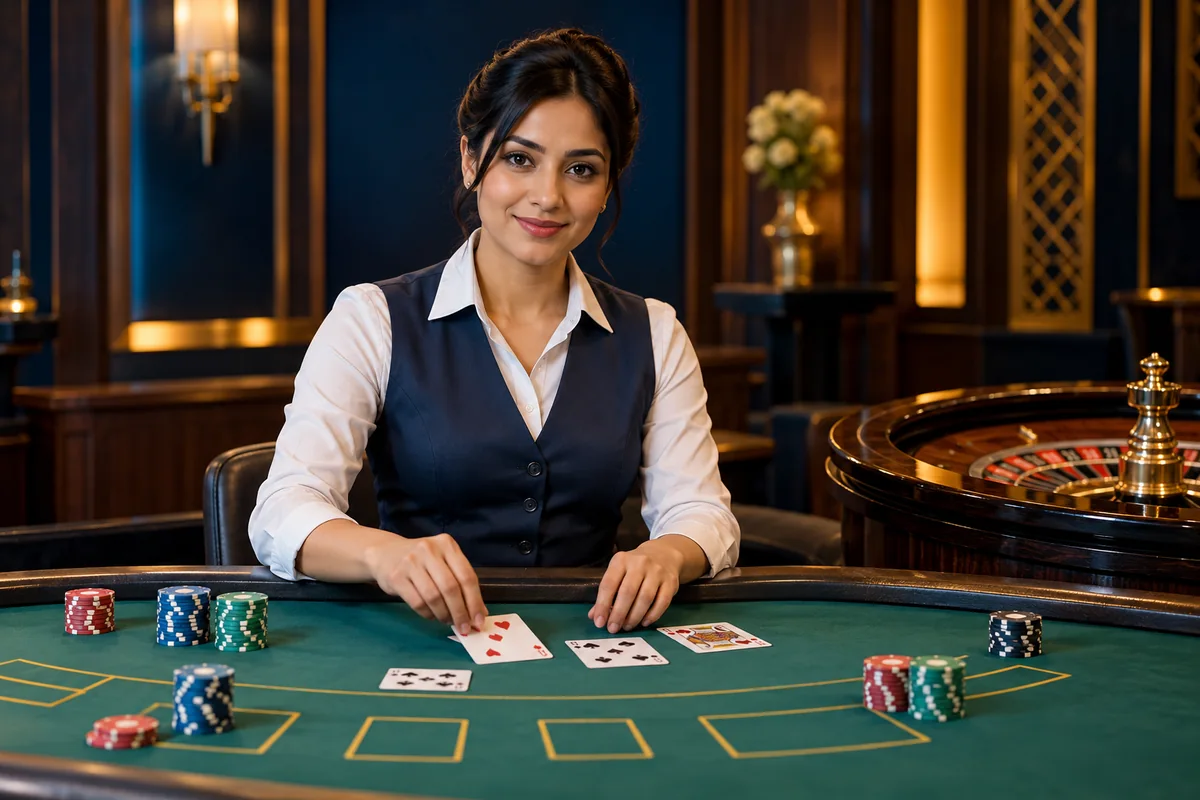 An adult Indian dealer at a green casino table with playing cards, plain chips and a roulette wheel.